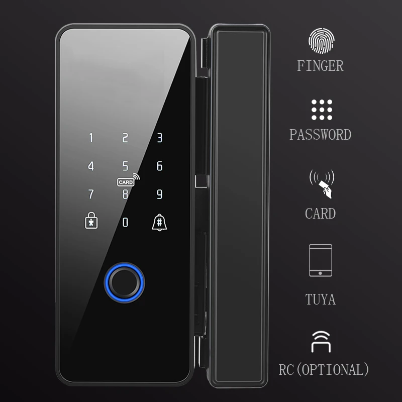 Tuya APP Glasses Fingerprint Lock Bluetooth Smart Glass Door Biometric Electronic Door Lock 13.56Mhz RFID Remote Control Unlock