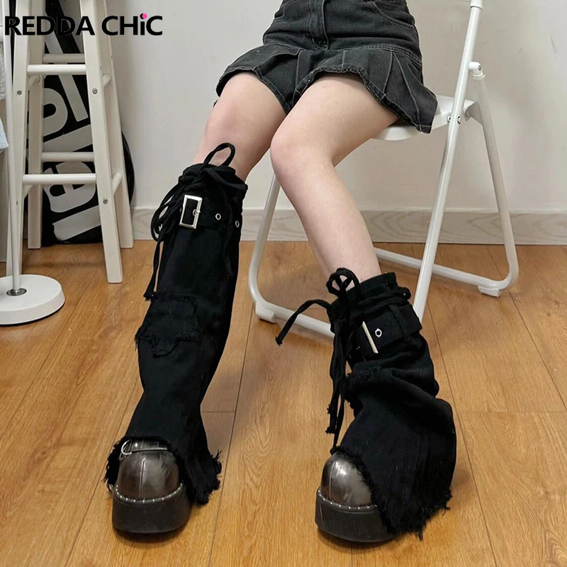 REDDACHiC Star Patched Black Leg Warmers Women Jk Solid Frayed Belt Strappy Knee Long Boots Cover Lolita Gothic Cosplay Costumes