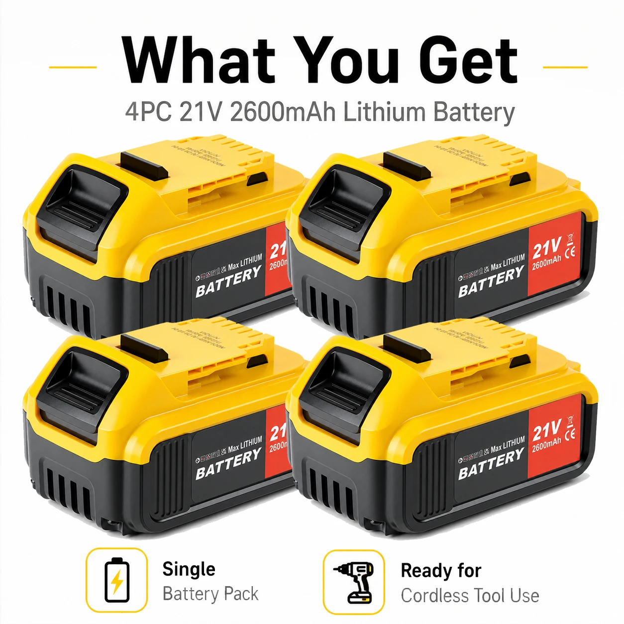 Power Tools Universal Battery - DeWalt 21V piller için: Yüksek kapasiteli,