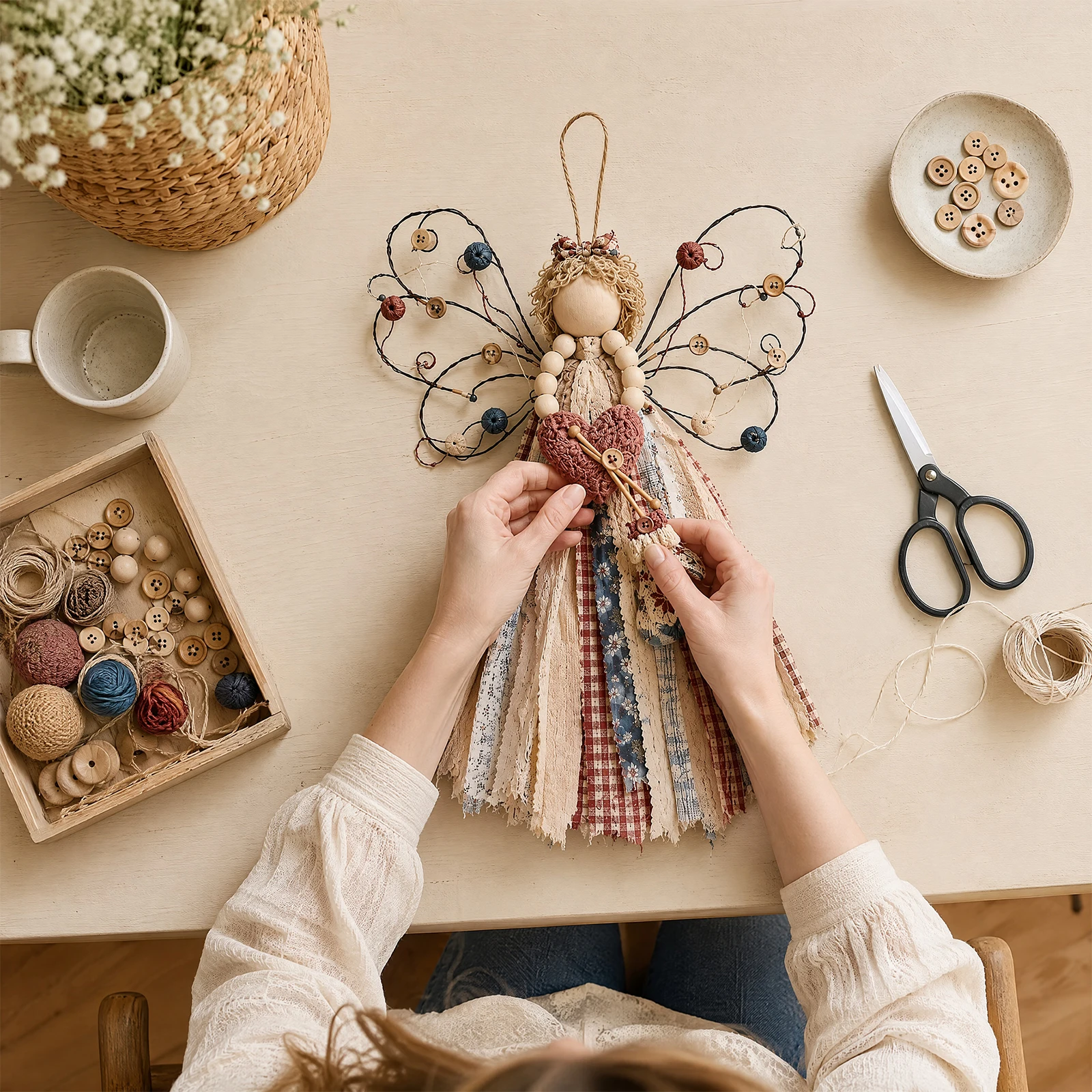 Fabric Angel Hanging DIY Kit Patchwork Craft Set Wall Art Beginner Friendly Festive Home Decoration Buttons Lace