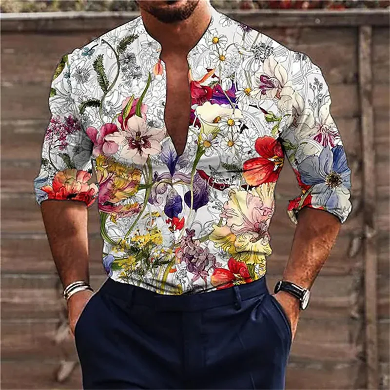 Fashion Men's Floral Cotton Elastic Lapel Shirt Casual Festival Outdoor Street Blue Purple Button Top Plus Size New 2027