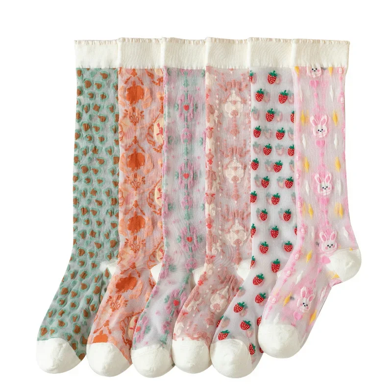 

New Women Transparent Cute Summer Knee High Socks Female Strawberry Floral Animal Ladies Thin Kawaii Knee Silk Socks For Women