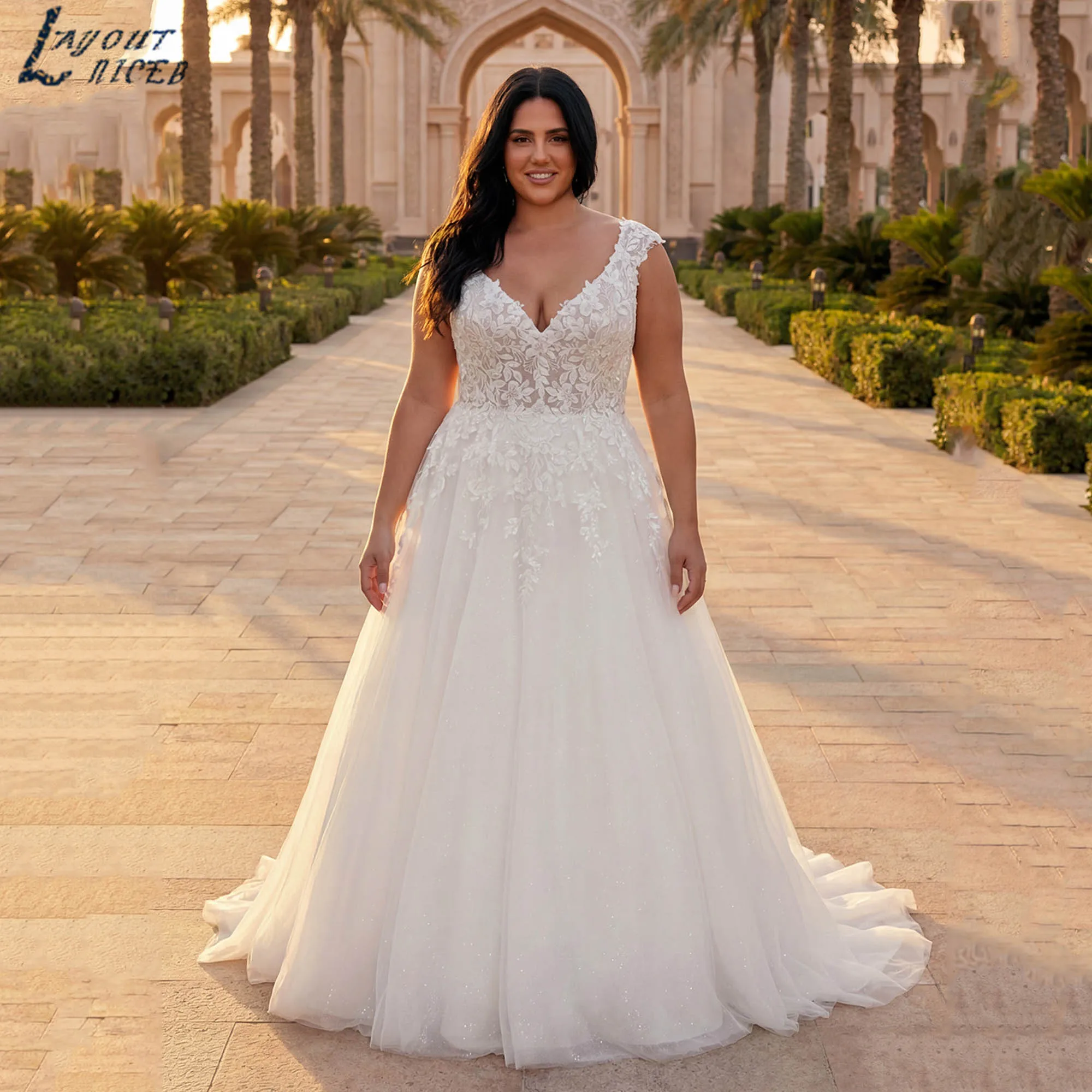 Customized Romantic Plus Size Wedding Dress Lace Applique A-Line v-neck Tulle Bridal Gown For Outdoor Wedding vestidos de novia