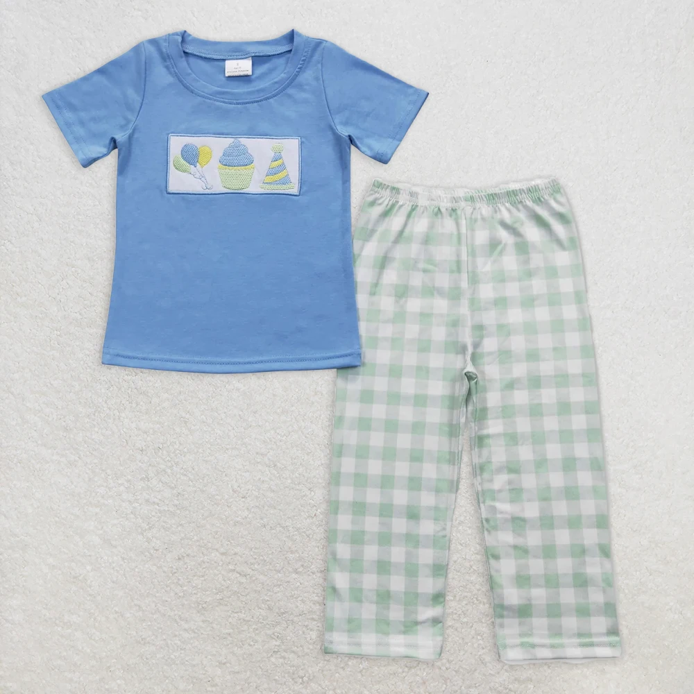 

Baby Boys Blue Birthday Outfit Short Sleeve Tee Shirt And Plaid Pants Set Balloon Cake Top Happy Birthday Boy Clothing Set