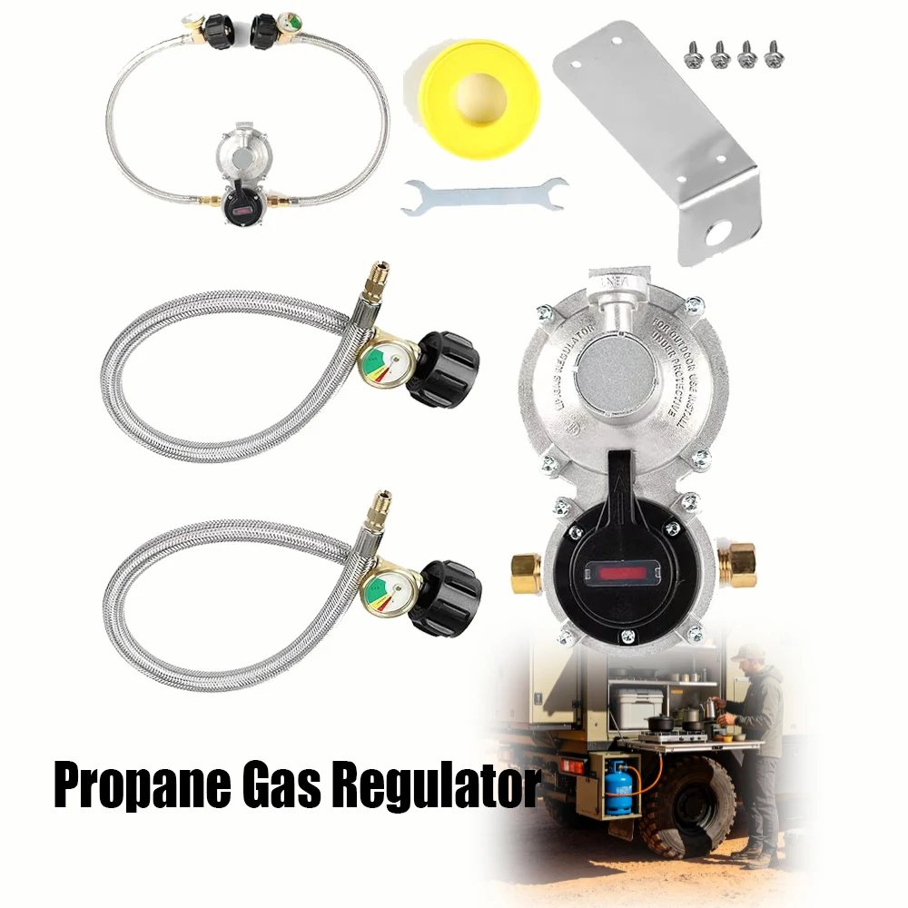 2-Stage Automatic Changeover LP Propane Gas Regulator with Gauge 18 Inch Pigtail Hoses QCC1 1/4