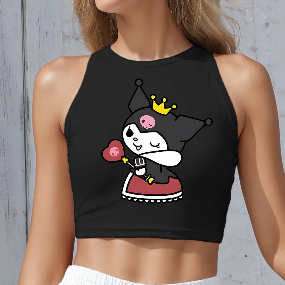 

KAWAII CLOTHES Round Neck Tank Top Cartoon Kuromi Print Tight Fit Women's Summer Vest Sizes S-XL Ladies Y2K