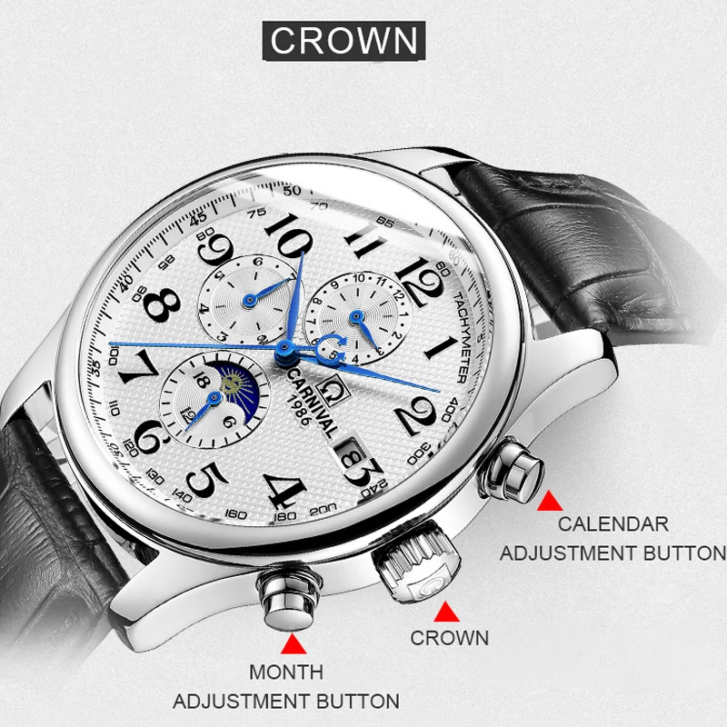 Męskie zegarki mechaniczne Carnival Luxury Brand Moon Phase, biznesowe, wodoszczelne, automatyczne, ze stali nierdzewnej, zegarek na rękę, zegar męski.