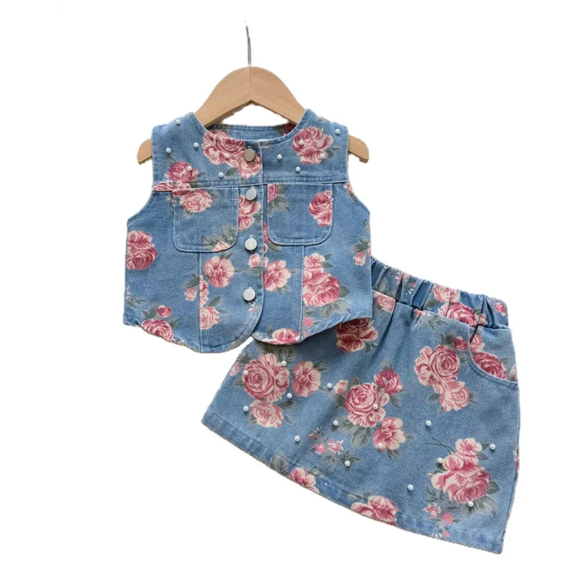 2026New Summer Girls' Soft Denim Outfit: Stylish Printed Beaded Vest Top and Short Skirt Two-Piece Set