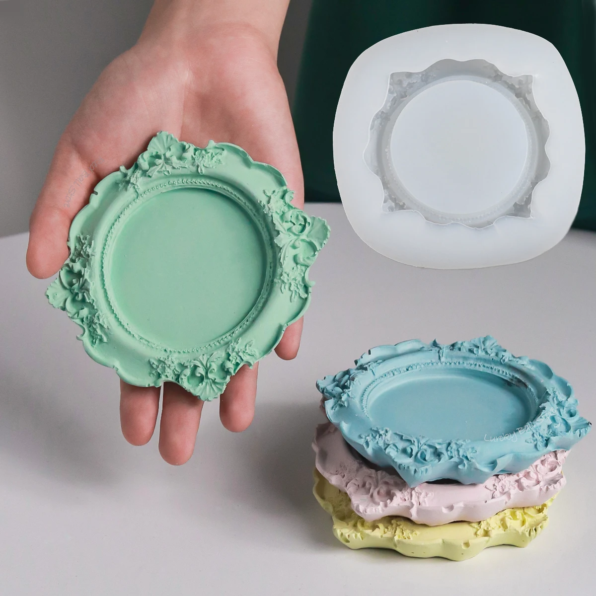 Bandeja estilo barroco, molde de silicone, estilo europeu, renda, alívio, bolo de frutas, palete, cimento, armazenamento de concreto, prato, molde, porta-copos de resina