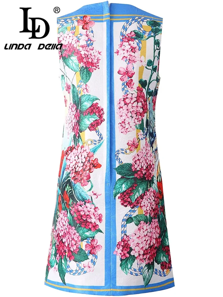 LD LINDA DELLA Summer Women\'s Casual Holiday Dress Sleeveless Jacquard Pretty Slim Floral Print Short Dresses