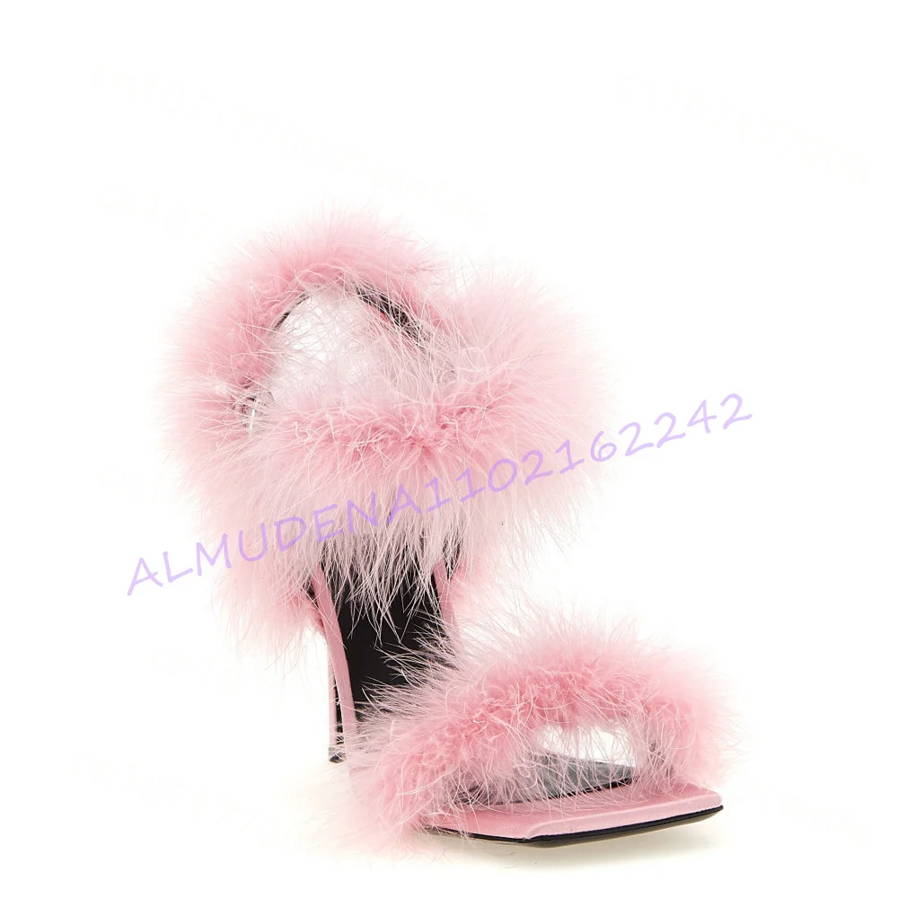 Pink Fluffy Feather Sandals Square Open Toe Stiletto High Heels Satin Women  Evening Summer Ankle Buckle Strap Dress Sandals 46