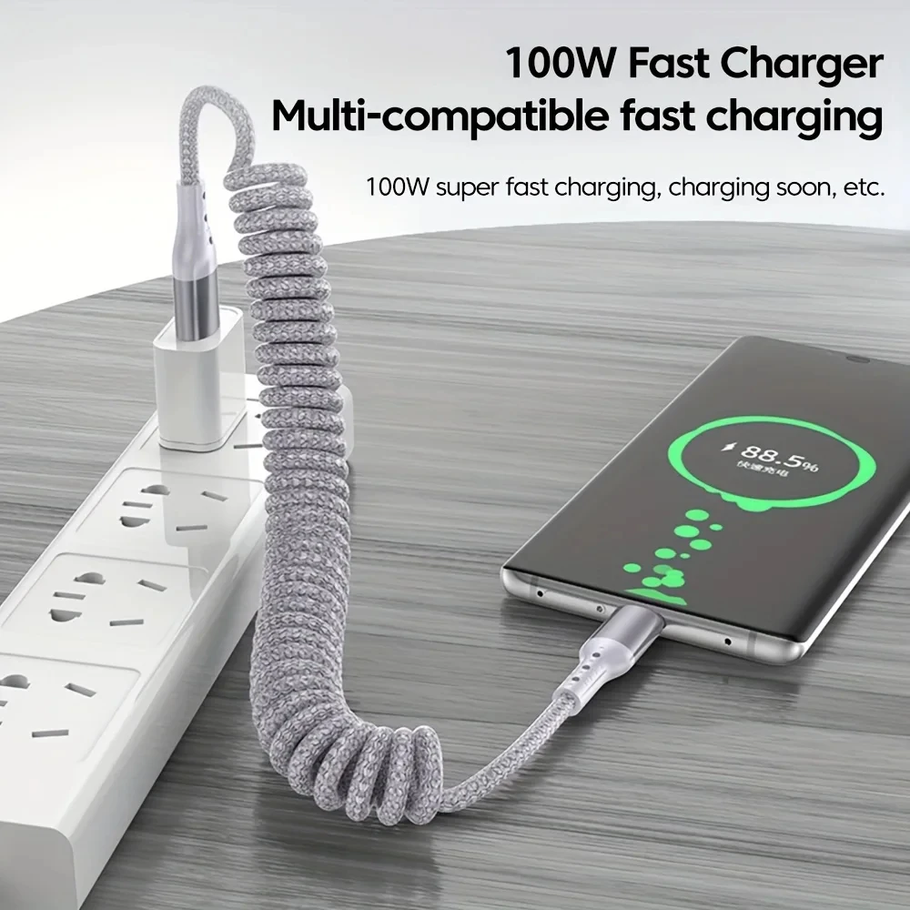 100W USB Type C Spring Car Fast Charging Cable for Samsung Xiaomi Huawei 60W USB C Wire Data Cord for iPhone 15 16 17 Pro Max - view 6