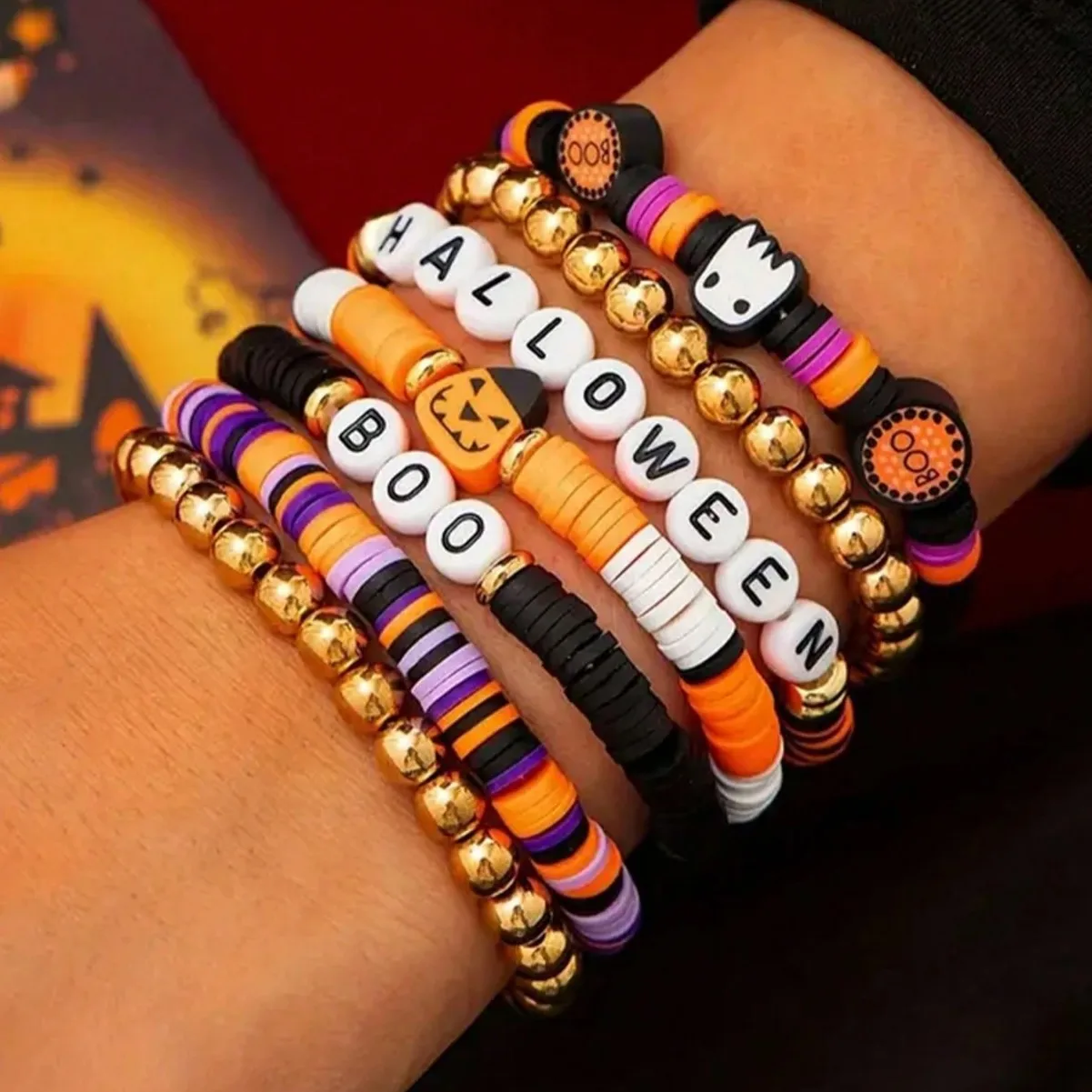 7Pcs Halloween Bracelet Pumpkin Ghost Bracelet Set For Women Men Gothic Soft Ceramic Bead Bangle Halloween Gift