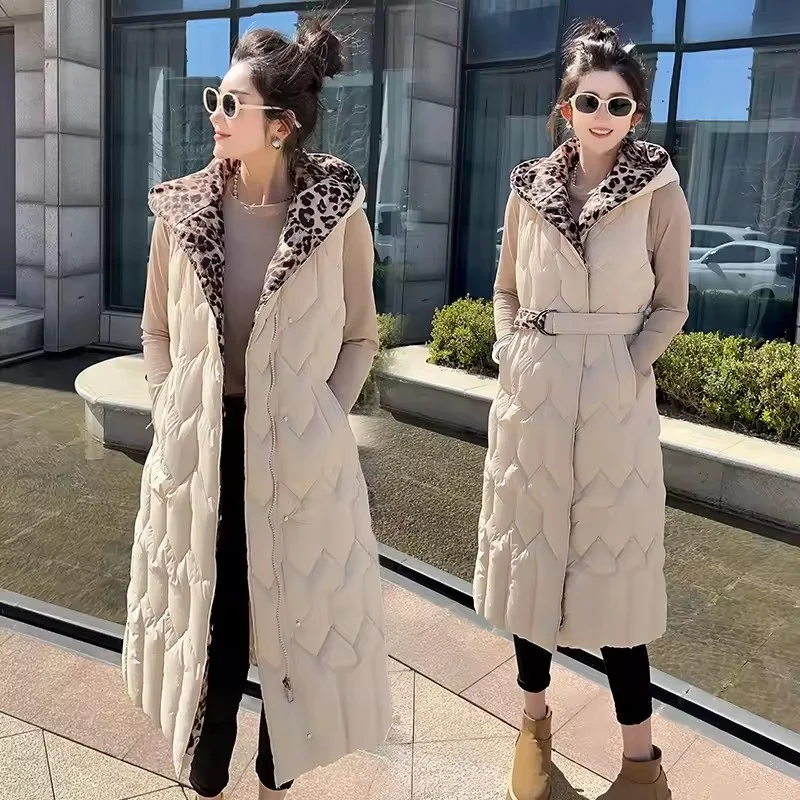 جديد الخريف الشتاء طويل أسفل القطن سترة المرأة ملابس خارجية الكورية فضفاض ليوبارد طباعة سترة دون أكمام سترة معطف صدرية الإناث #2