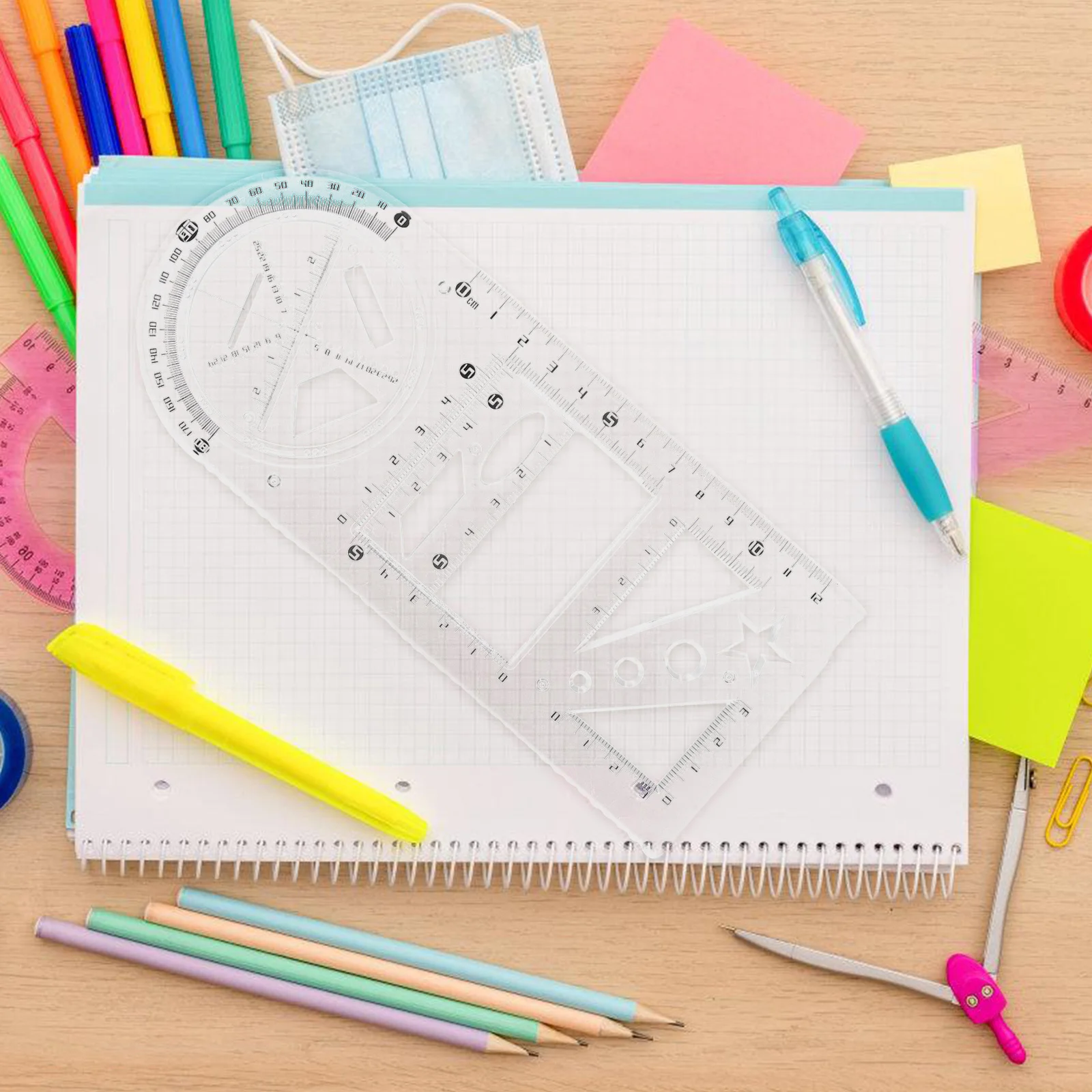1Set Geometric Drawing Template Plastic Rulers Multi-Functional Students Drafting Architecture Technical Drawing Supplies