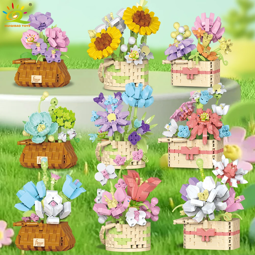 HUIQIBAO MOC Flower Pot Micro Building Block DIY Rose Sunflower Bouquet Mini Diamond Model Brick Toy for Children Desk Decor.