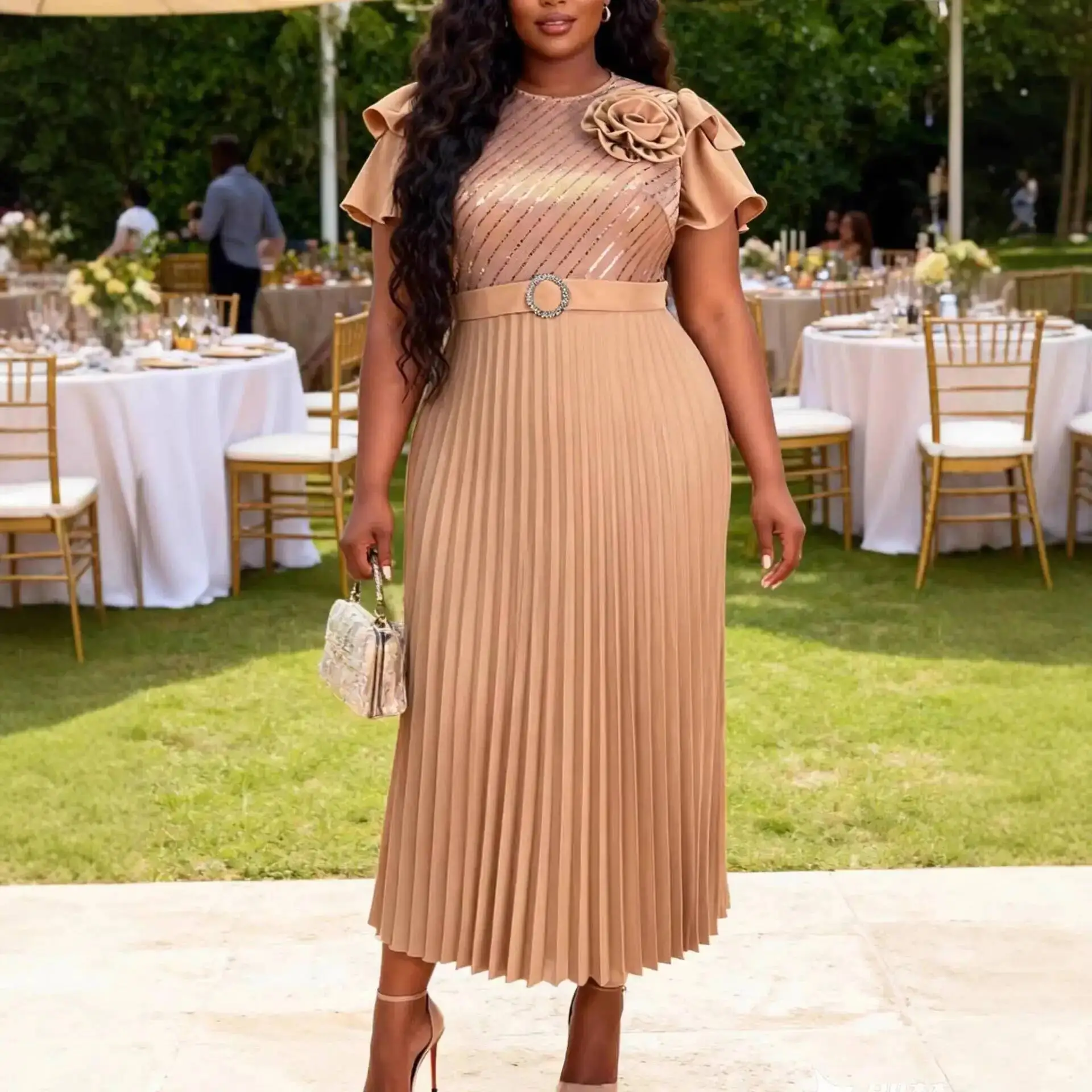

Plus-size Women's Long Dress With Ruffled Sleeves, Three-dimensional Floral Design, Waist-cinching With Rhinestone Belt Y2K