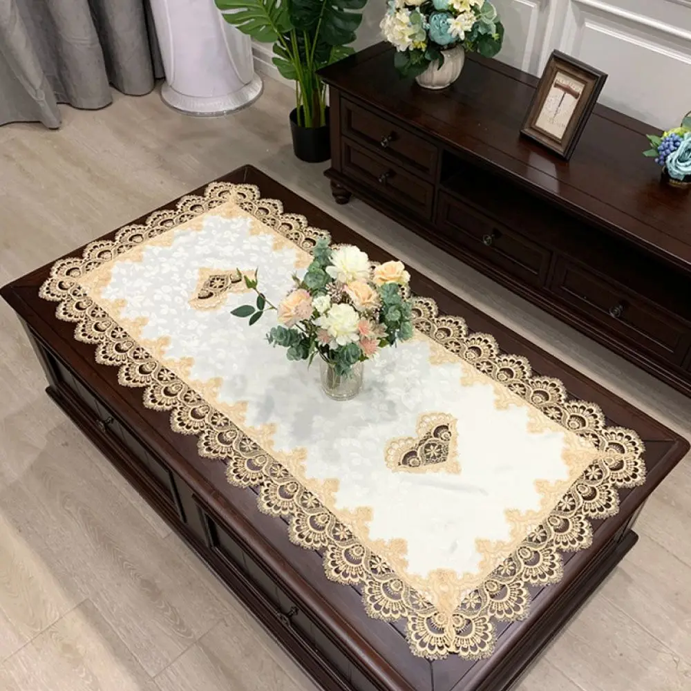 Sophisticated Rectangle Tablecloth Lace Embellishment Fabric Desk Mat Dustproof Cover For Dining Table Wedding Decoration