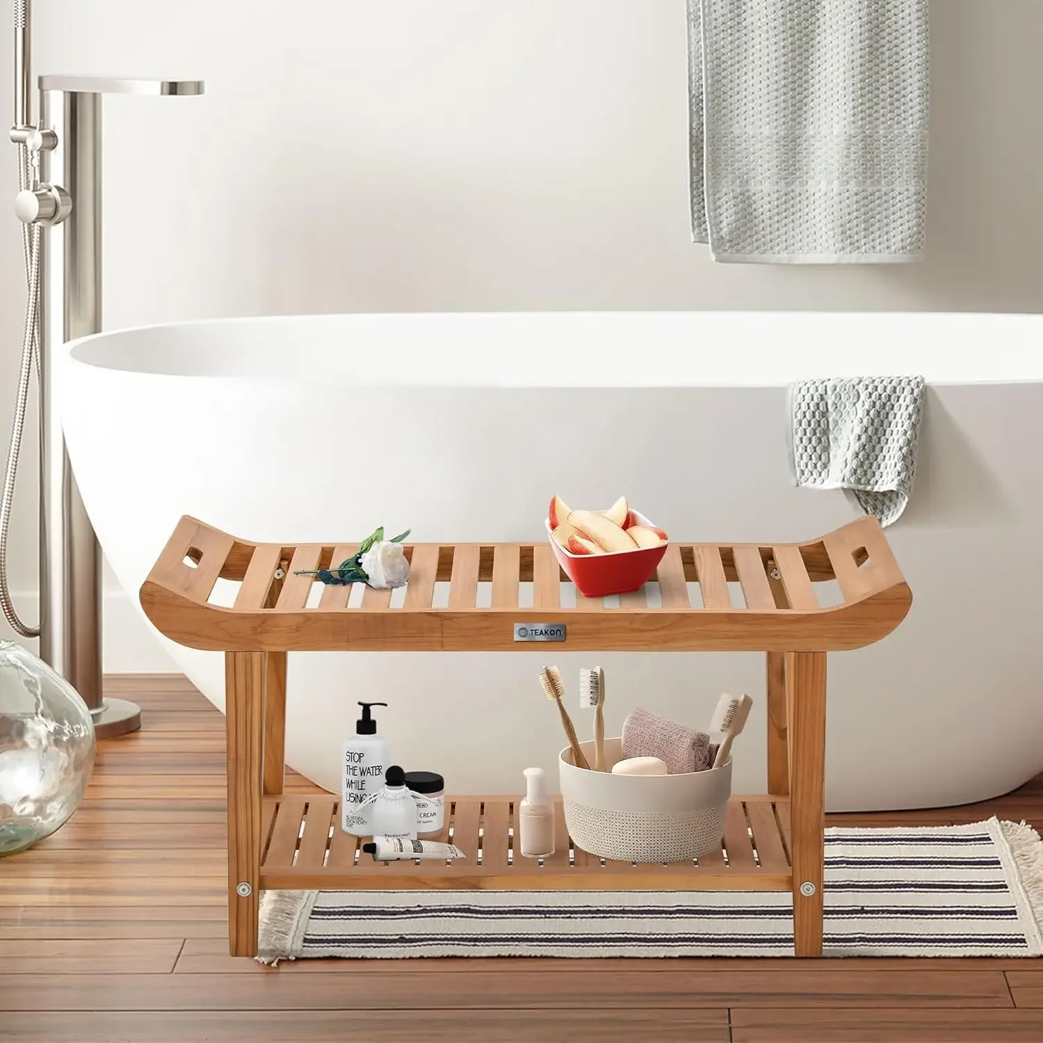 Teak Shower Bench, Bathroom Shower Stool with Storage Shelf Waterproof Wood Bench, Shower Seat