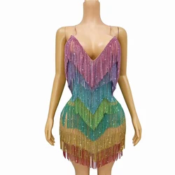 Sexy Stage Heavy Blingbling Rainbow Colour Crystals Chains V-neck Suspenders Dress Women Singer Dancer Photoshoot Costume
