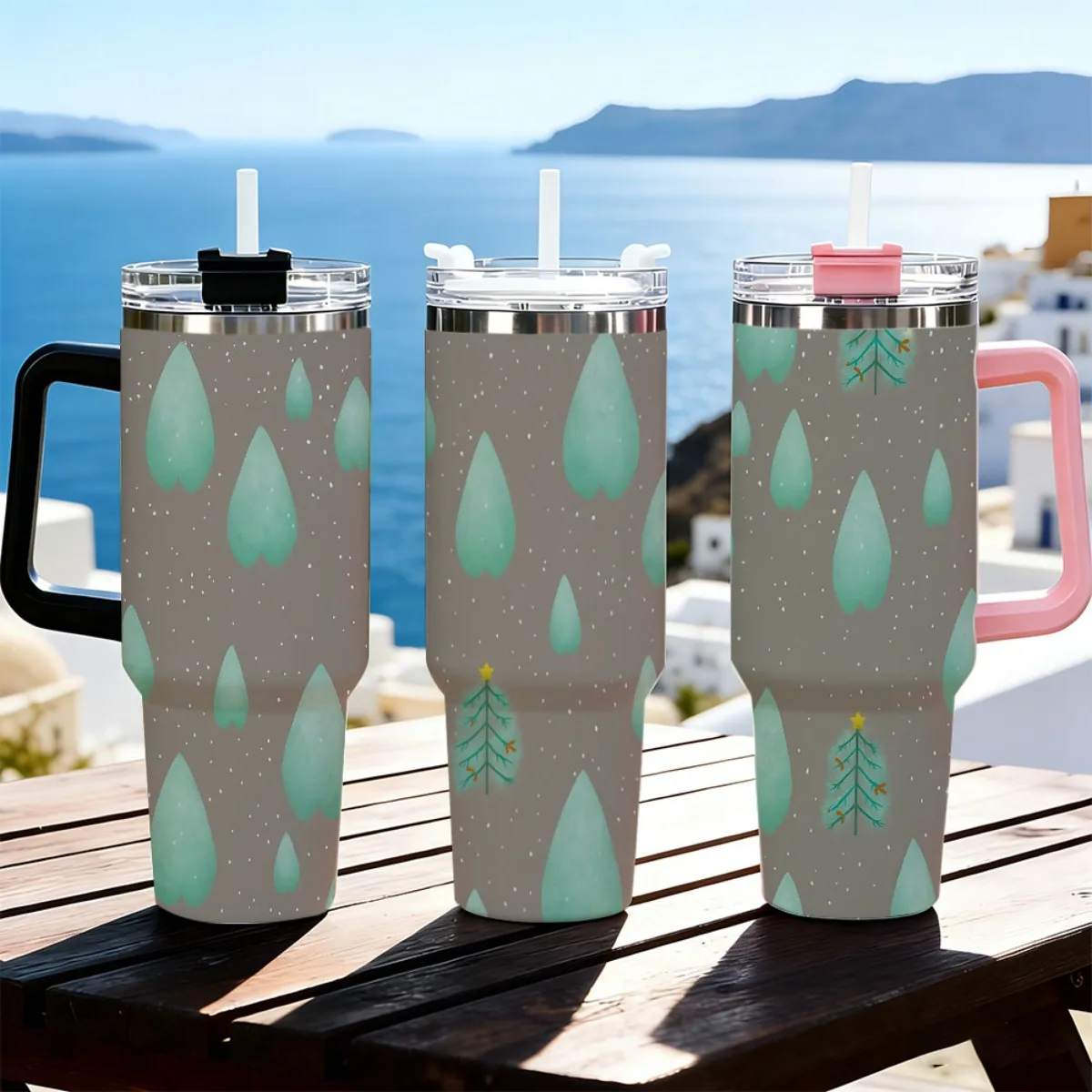 40oz Minimalist Light Green Christmas Tree Snow Dot Gray Background Print Stainless Steel Tumbler With Handle Straw Lid 24 Hours Cold Insulated Travel Water Cup