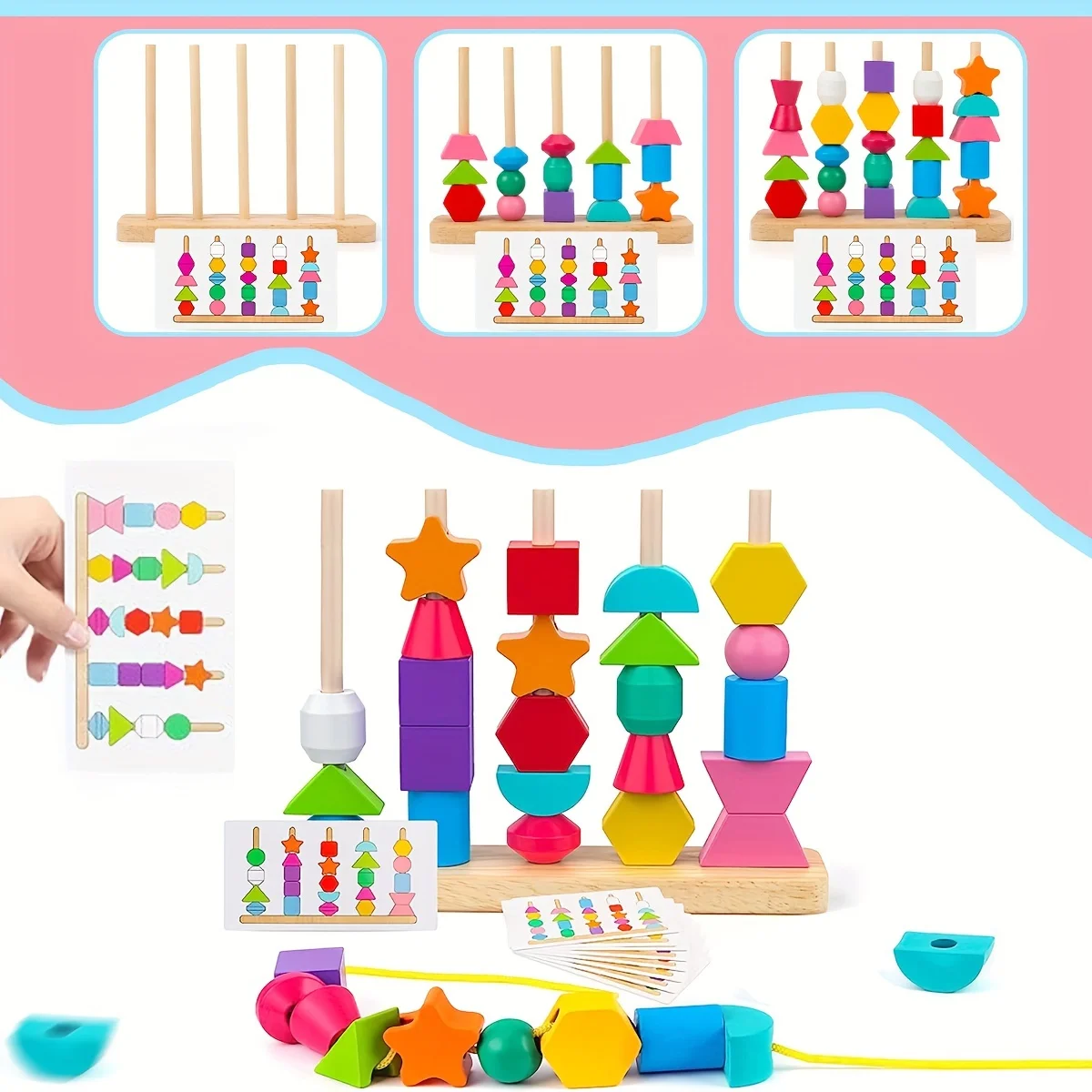 Set di giocattoli per sequenza di perline di legno, blocchi impilabili, perline di allacciatura e impilatore di forme abbinate, regali di Natale e Halloween