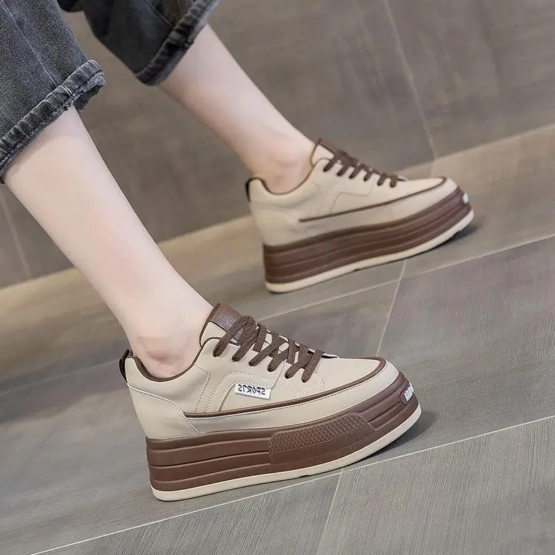 

Casual Style Women's White Sneakers Thick Heel Inner Heightening Genuine Leather Slip-On Shoes Flat Bottom PU Leather