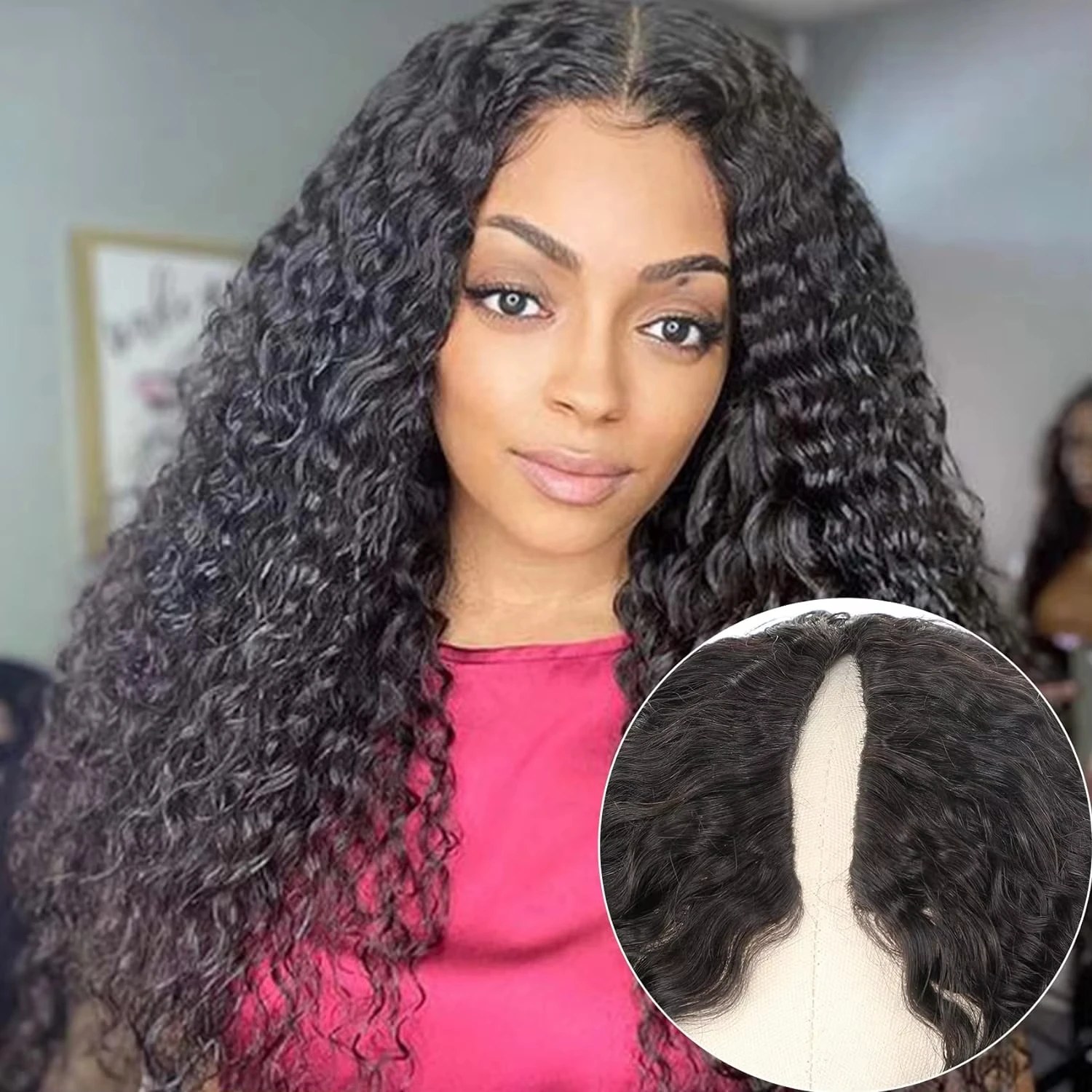 วิกผมลอนน้ำแบบวีพาร์ท ผมแท้สำหรับผู้หญิงผิวดำ ผมหยิกแน่น สำหรับผู้หญิง ความหนาแน่น 180% ผลิตด้วยเครื่องจักรทั้งหัว ขนาด 18-32 นิ้ว