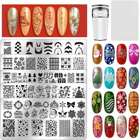 5Pcs Nails Stamp Plates Template Set Christmas Stamping Plate Christmas Textures Stamp Templates Image Nail Stencils Nail Art