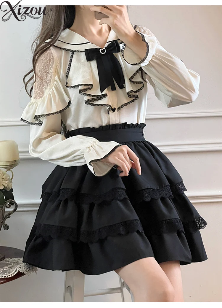 

Lolita Suit Sailor Collar Retro Court Style Japanese Skinny Short Long Sleeve Top with Skirt Set Spring Autumn Girl 2 Piece Sets