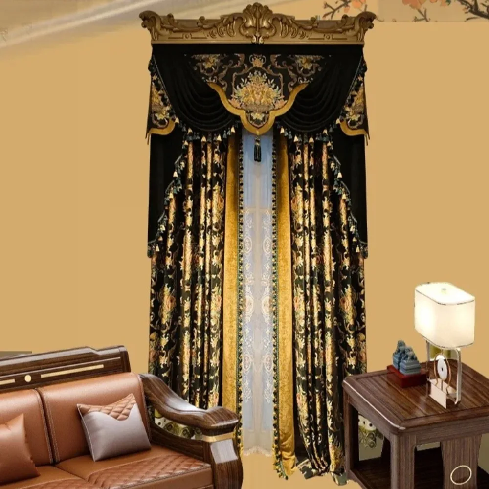 Dark Green Gilded Gold Embroidery Thickened Chenille Patched Curtains For Living Room Bedroom French Window Villa Window Screen