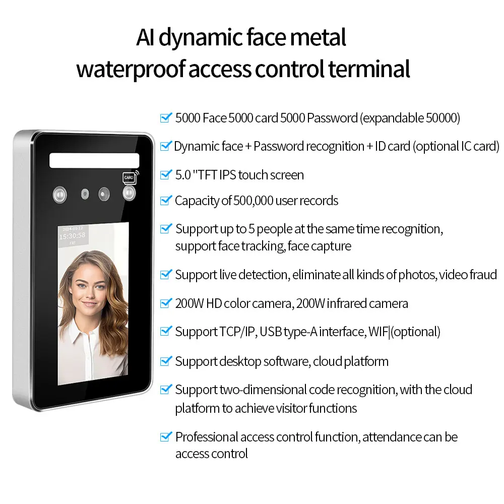 WIFi TCP/IP 5 Inch HD Capacitive Touch Screen Dynamic Face Recognition Time Attendance Access Control Terminal Machine 5000user