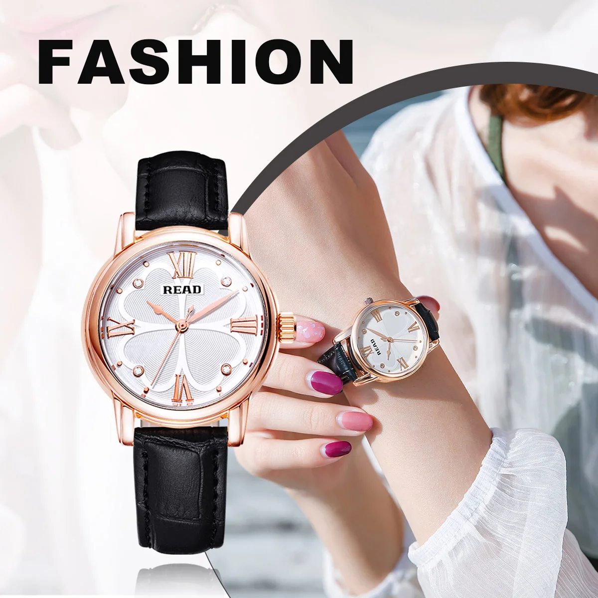 READ Women Analog Quartz Wrist Watch | Black Leather Strap | Daily Water Resistant Clover Dial Elegant Ladies Dress Watch