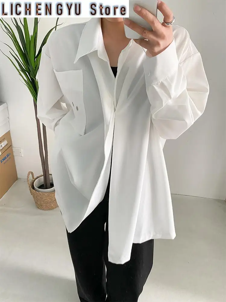 Women White Flower Elegant Big Size Blouse New Lapel Long Sleeve Loose Fit Shirt Fashion Tide Spring Autumn