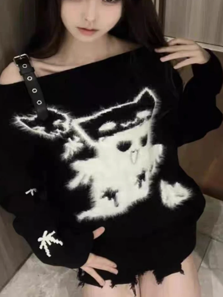 

Осень-зима японский стиль Y2k свитер женский новый готический винтажный черный трикотаж с открытыми плечами модный дизайн милый свободный пуловер