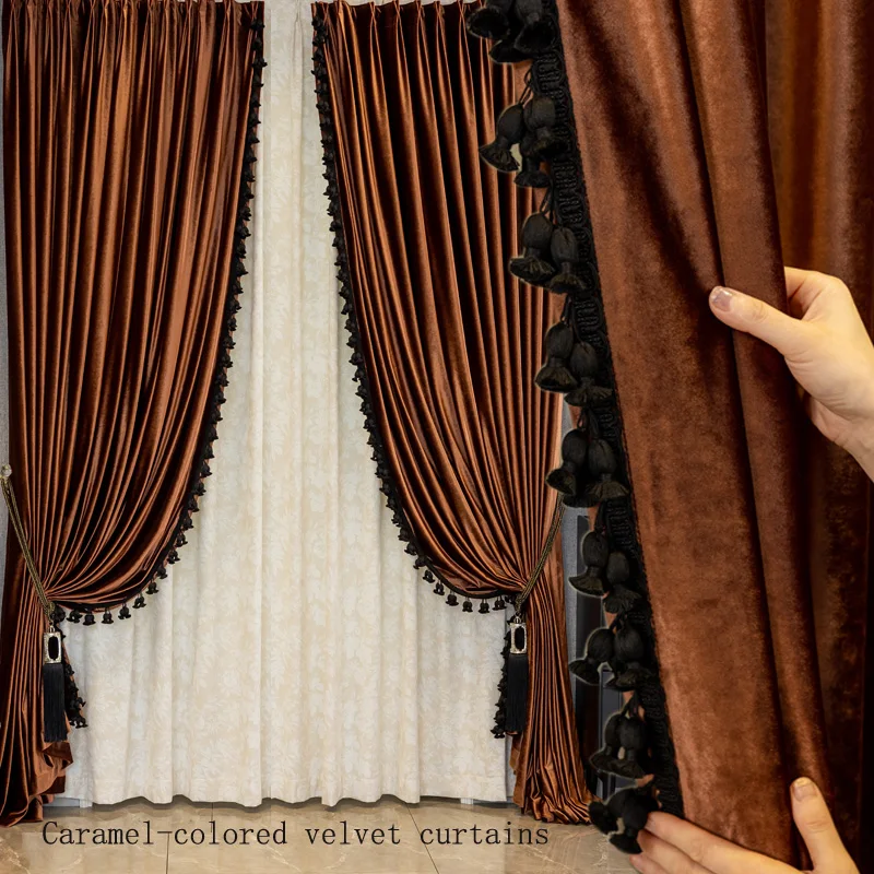 

French medieval European caramel color thick velvet bedroom coffee cloth blackout curtain tulle drape C2197