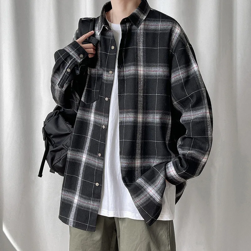 

Spring Autumn Men's Vintage Long Sleeve Plaid Shirt High Street Fashion Loose Casual Handsome Versatile Checkered Shirt Coat