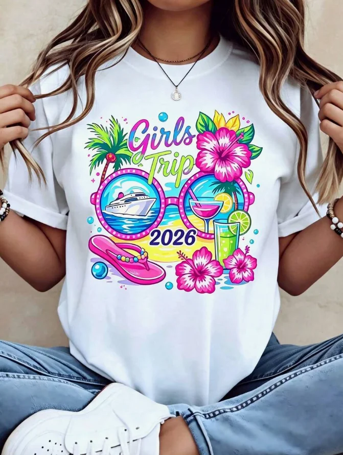 2026 Fashion New Women Crew Neck Short Sleeve T Shirt Loose Plus Size Girls Trip 2026 Cruise Ship Palm Tree Flower Cocktail Flip Flops Graphic Print Vacation Travel Summer Casual Basic Top Tee