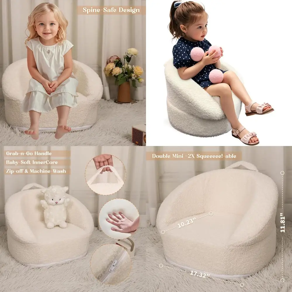 

Compact Toddler Couch for 1-3 Year Olds - 17.3 White Kids Sofa with Carry Handle, Soft Teddy, Washable Cover & Durable Design fo