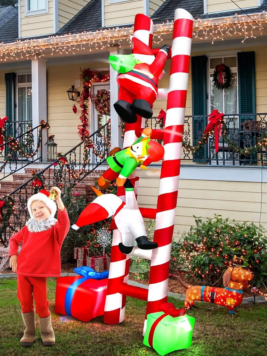 10 FT Inflatable Santa Climbing Ladder Outdoor Christmas Decoration, Blow-Up Yard Decor with Built-In Lights for Garden, Trees and Roofs