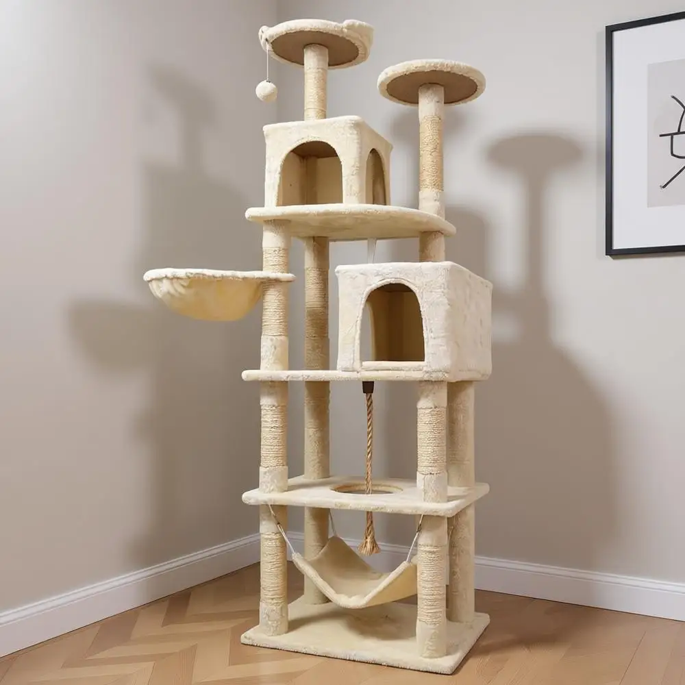 

68-Inch Indoor Cat Tower, Plush Multi-Level Condo with 7 Scratching Posts, 2 Perches, 2 Caves, Hammock (Beige)