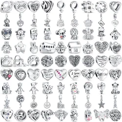 925 Silver Simple Beads Cute Cat Dog Paw Print Boy Girl Angel Family Tree Fit Original Pandora Bracelet Women DIY Charms Jewelry