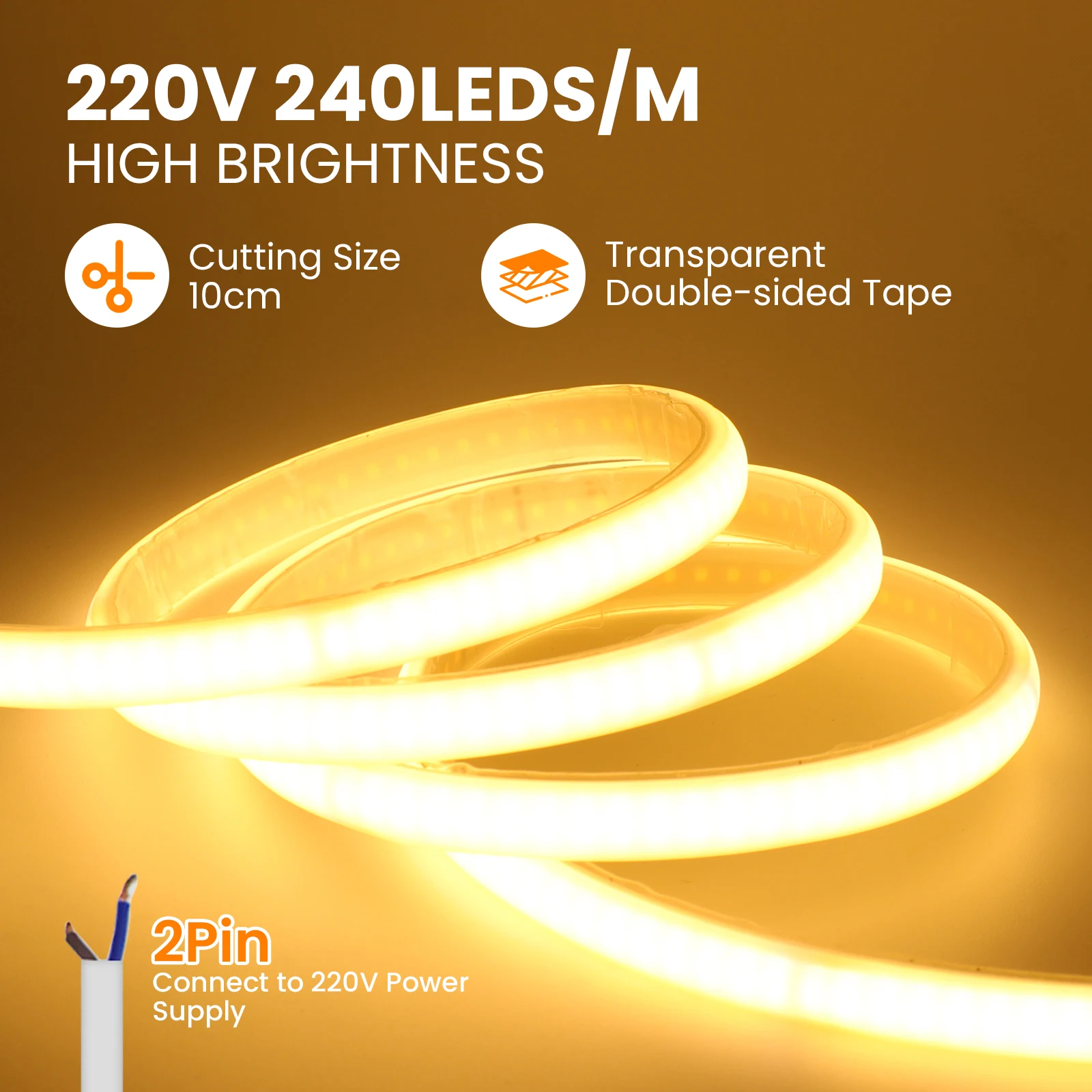 220V COB Led Strip Neon Light High Brightness 240Leds Ribbon Adhesive Tape Waterproof Flexible Lamp for Outdoor Garden Lighting