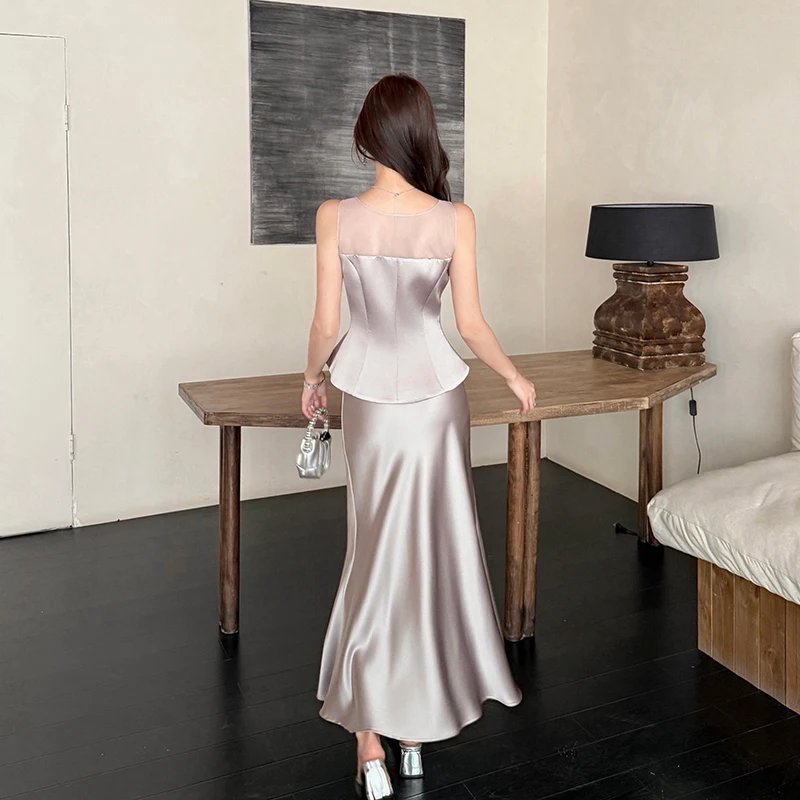 Elegant Luxury Silver Satin Women Sleeveless Shirt+ Long Skirt Suit Women's 2pcs Set Slim Long Fishtail Dress Formal Party Clb