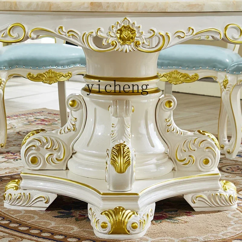 H round table all solid wood marble dining table and chair combination hotel clubhouse with turntable electric American