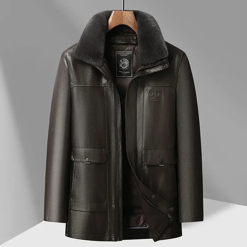Winter Men's Warm Faux Leather Duck Down Jackets Casual Fur Collar Top Puffer Coats Outwear Windproof Thicken Padded Top Parkas