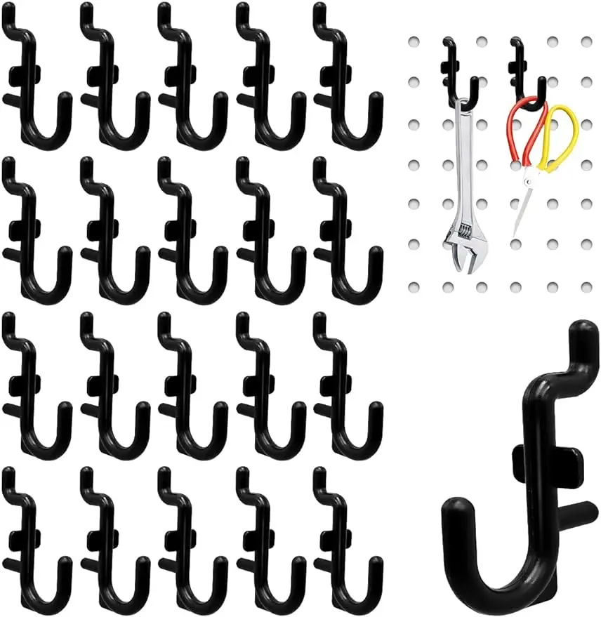 J Shape Black Pegboard Hooks, Bloqueio Peg Board Hooks, Plástico ABS resistente para organizador de ferramentas, Acessórios, 50Pcs