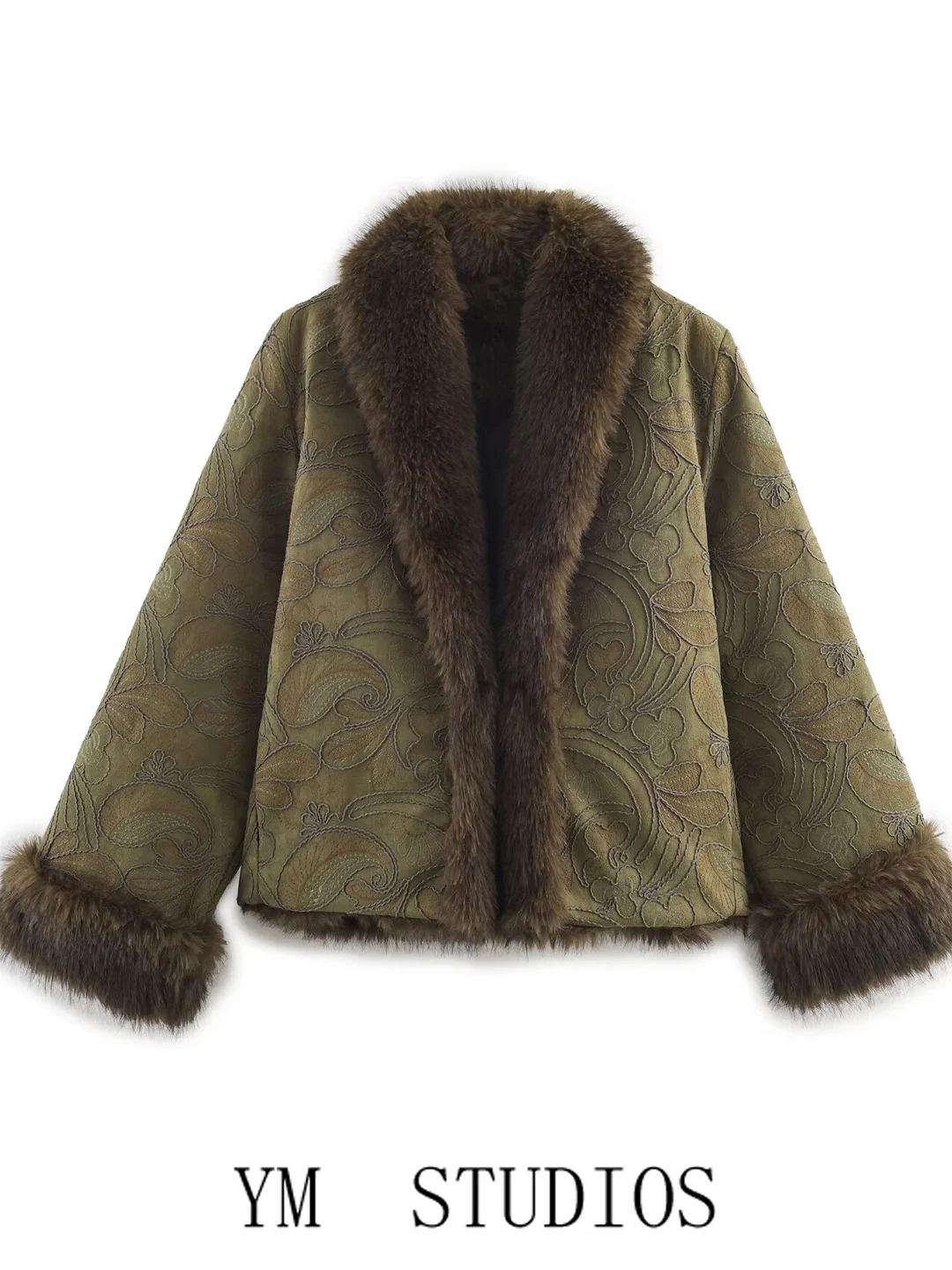 

Women's Embroidered Faux Fur Collar Short Coat Jacket with Fleece Inner Long Sleeve Loose Fit Spring Outerwear Cardigan