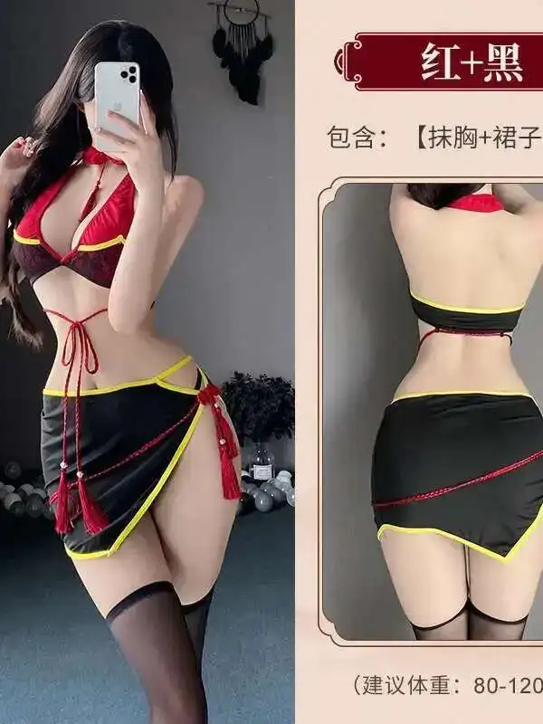 Sexy New Charming China Ancient Style Split Cheongsam Tassel Pendant Set Women Strapless Top High Waist Short Dress Set 80V8