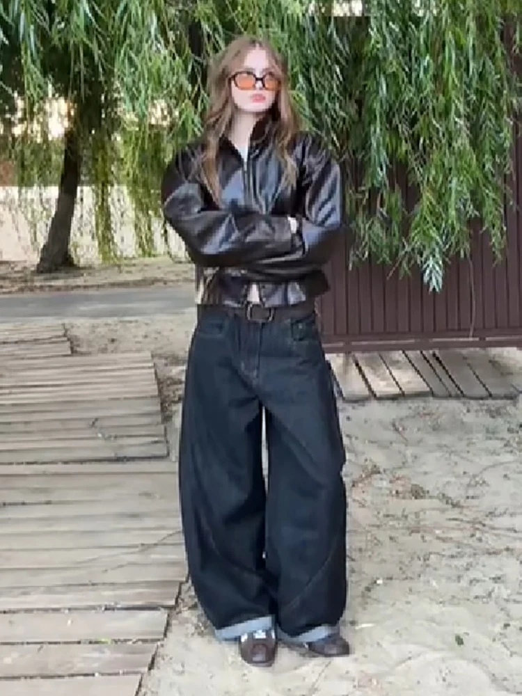 Women Brown Texture Faux Leather Coat Stand Collar Double Head Zipper Slim Fit 2026 New Vintage Casual Lady Moto Biker Jacket